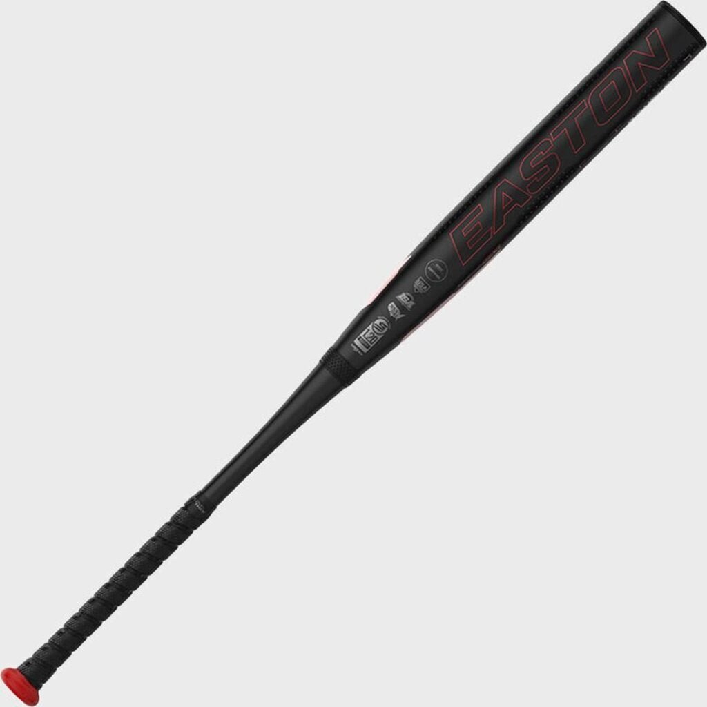 Black fastpitch softball bat with red-and-gray branding on the barrel