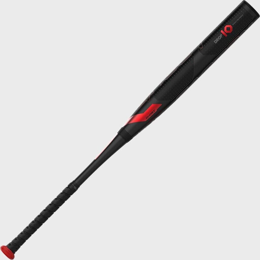 Black fastpitch softball bat with red arrow stripe and textured grip