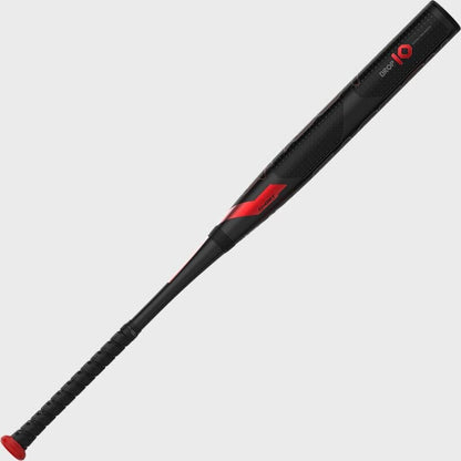 Black fastpitch softball bat with red arrow stripe and textured grip