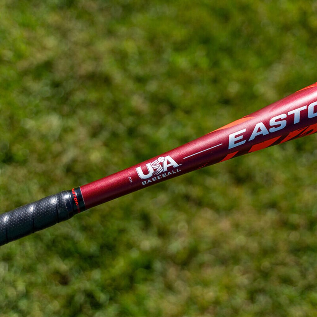Red Easton Speed Alloy USA baseball bat handle end with USA Baseball logo and black grip