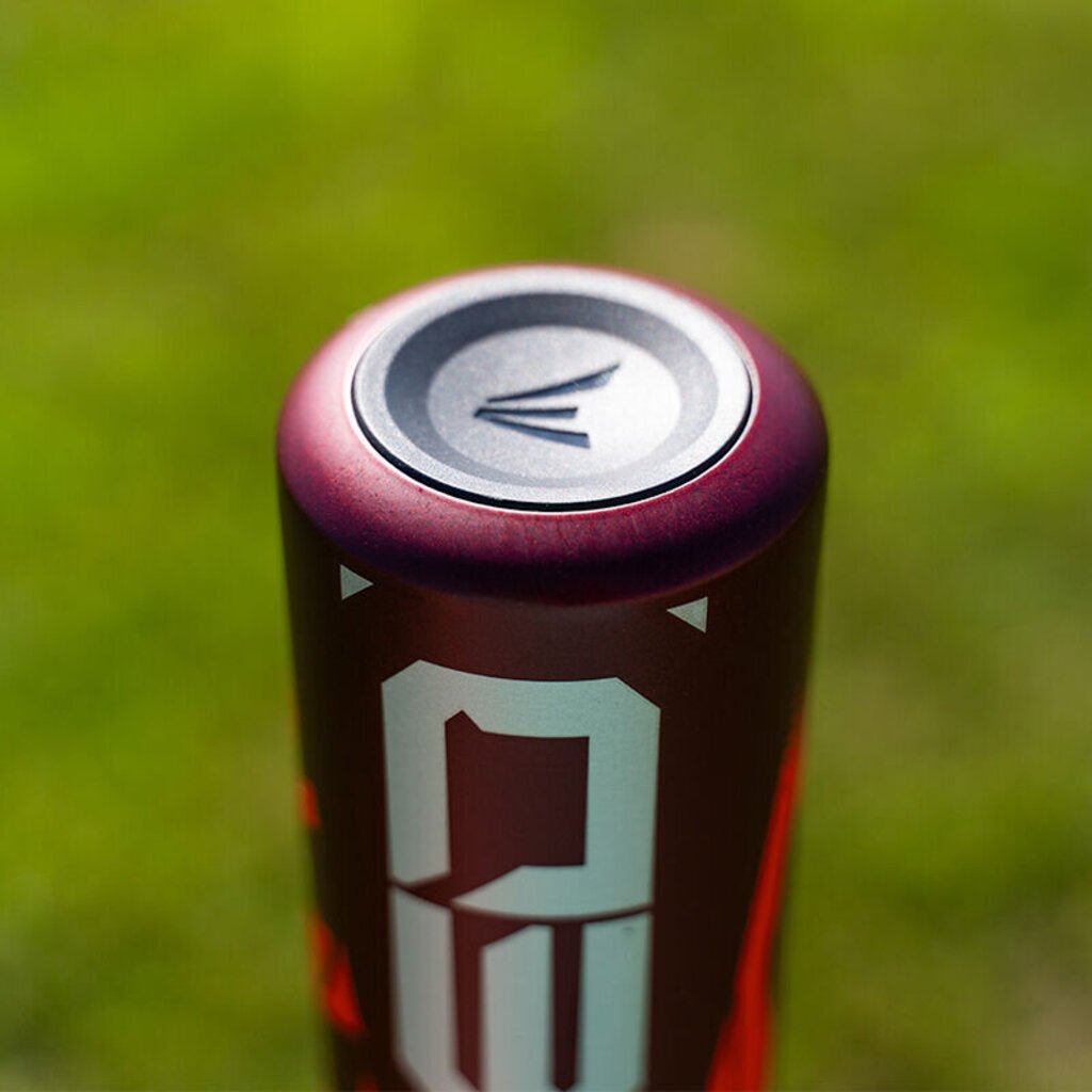 Red bat end cap close-up with circular Easton logo