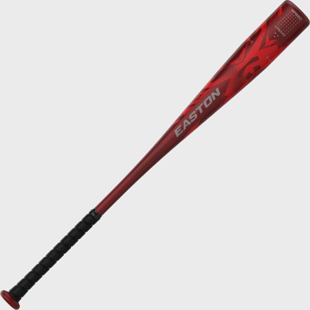 Red Easton baseball bat with black grip, barrel shows Easton and USA text