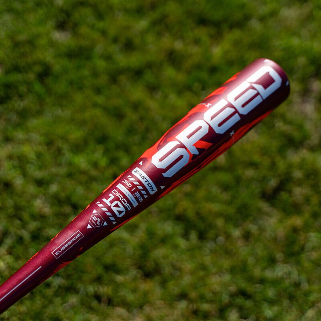 Red Easton Speed Alloy USA baseball bat barrel with bold Easton lettering and black grip