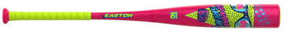 Pink Easton baseball bat close-up of green grip and colorful barrel end