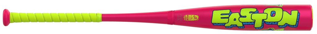 Pink Easton baseball bat close-up of barrel with green grip and colorful graphic