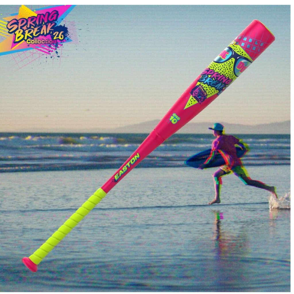 Pink Easton baseball bat with green grip and Spring Break graphics, held upright