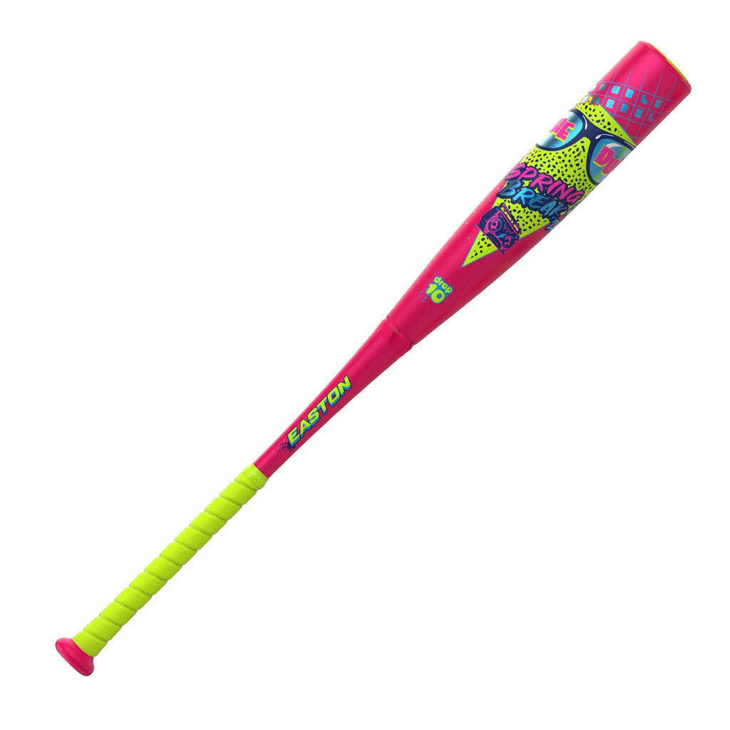 Pink Easton -5 baseball bat with green grip and colorful Spring Break design