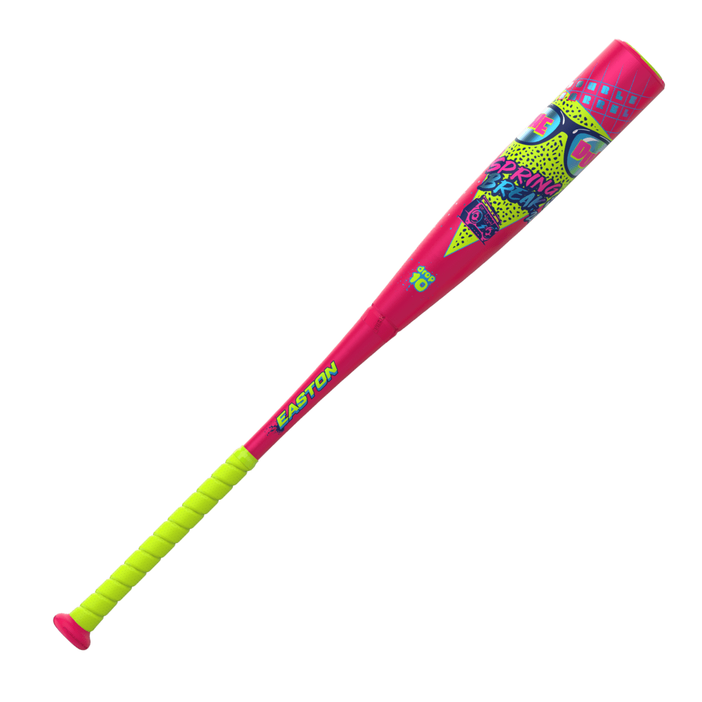 Pink Easton baseball bat with neon green handle grip and Spring Break patterned barrel