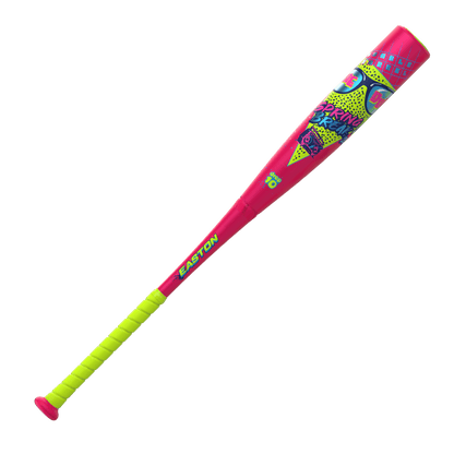 Pink Easton baseball bat with neon green handle grip and Spring Break patterned barrel