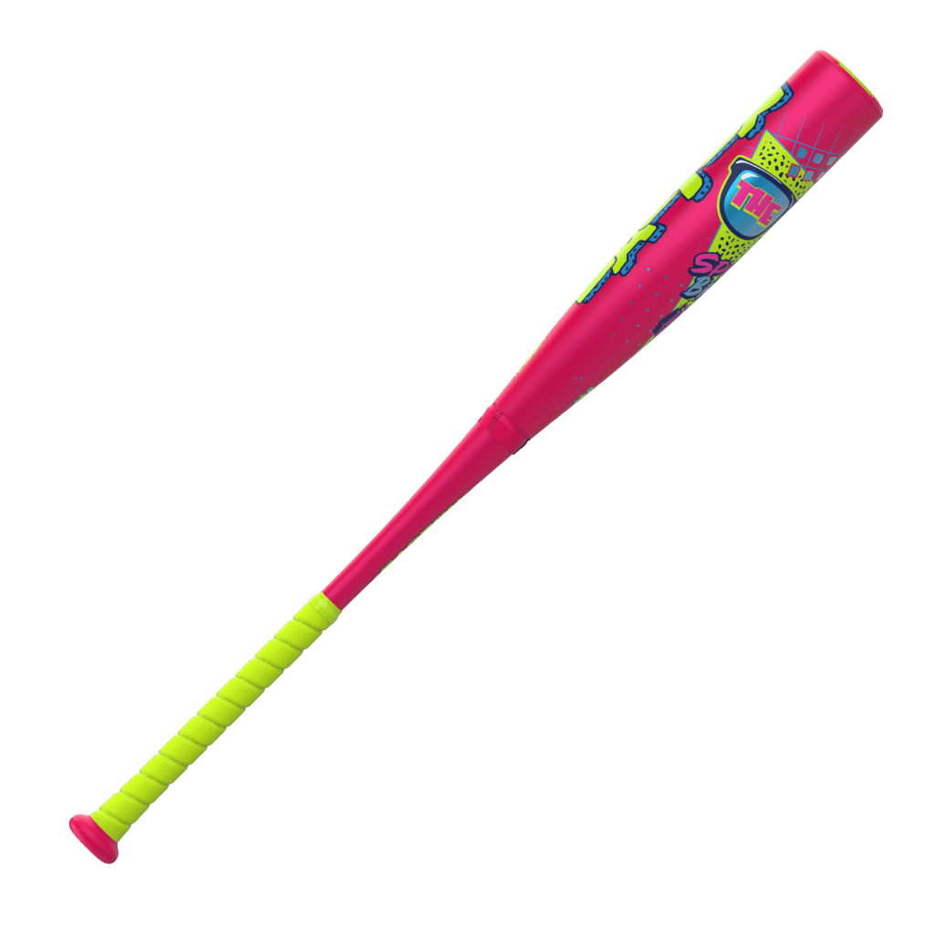 Pink Easton baseball bat with bright green grip and decorated barrel near the handle