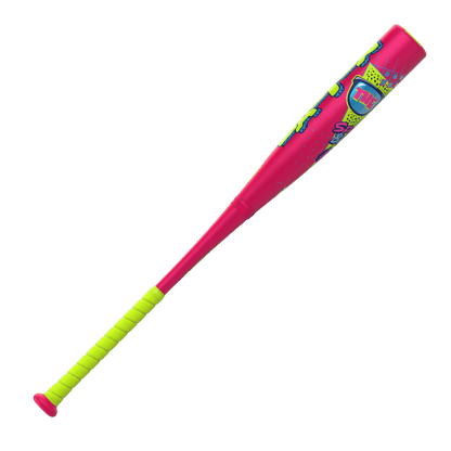 Pink Easton baseball bat with bright green grip and decorated barrel near the handle