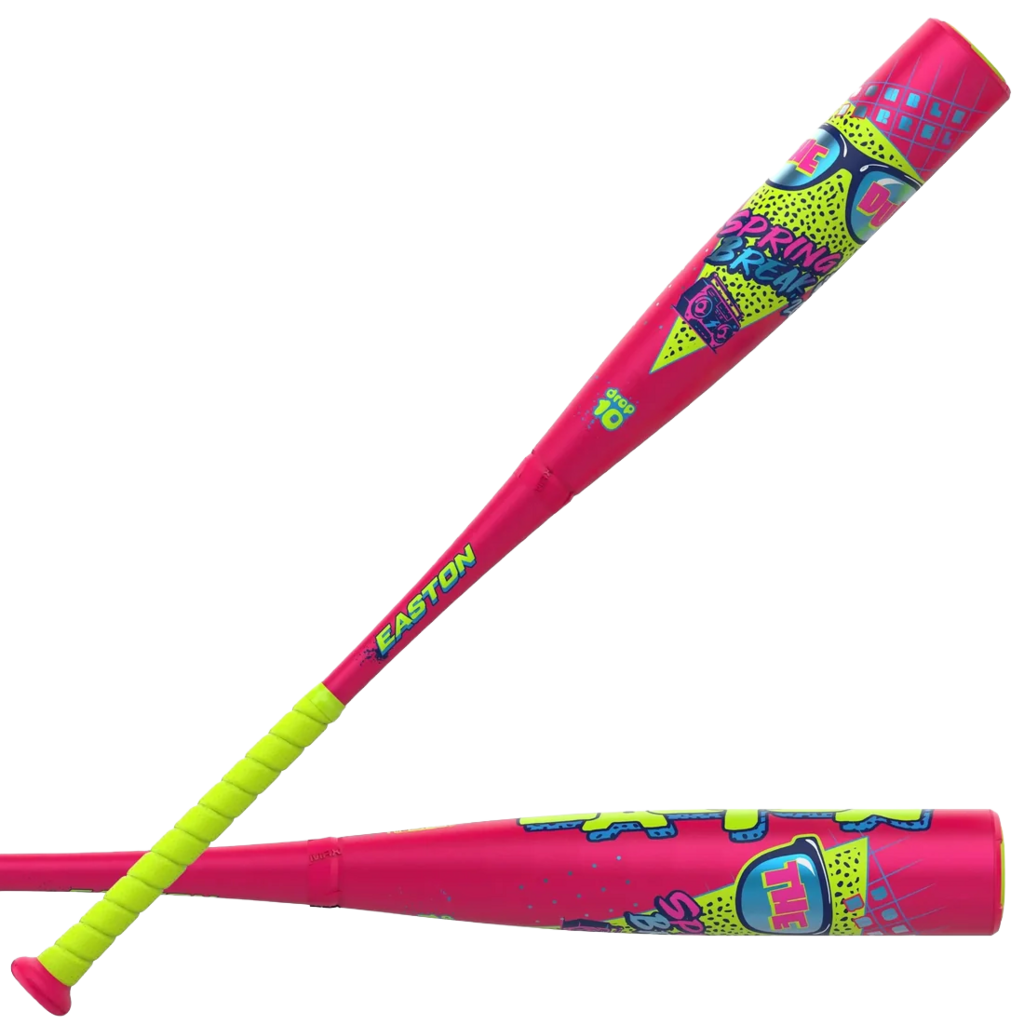 Pink baseball bat with neon green grip and colorful Spring Break graphics
