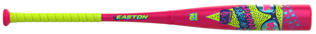 Side view of pink baseball bat with neon green grip and colorful barrel artwork
