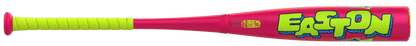 Close view of pink baseball bat with neon green grip and EASTON branding