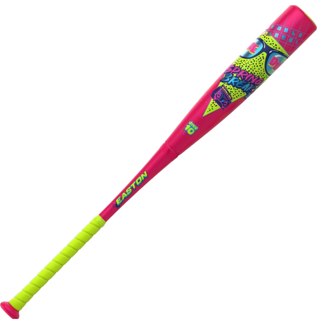 Pink baseball bat with neon green grip and Spring Break themed barrel art