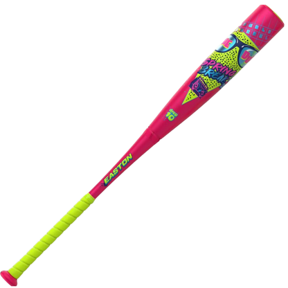 Pink baseball bat with neon green grip and Spring Break themed barrel art