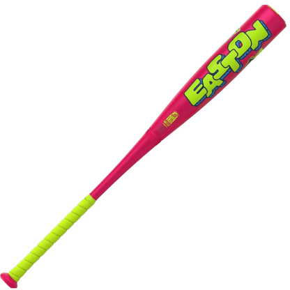 Pink baseball bat with neon green grip and bold graphic barrel panel