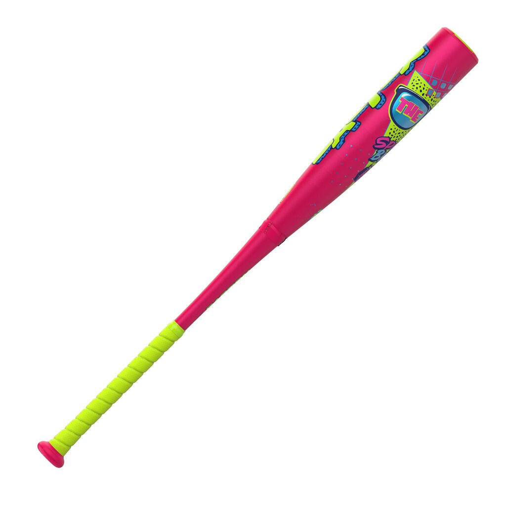Pink baseball bat with neon green grip and multicolor barrel wrap design