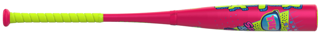 Top view of pink baseball bat with neon green grip and Spring Break graphics