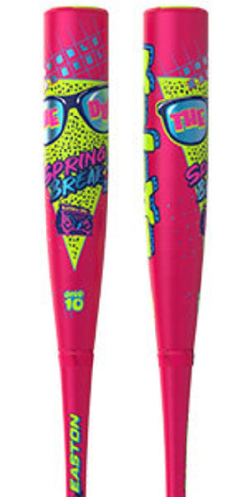 Close-up of pink baseball bat barrel ends with neon green grip and graphics
