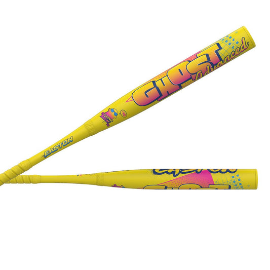 Yellow fastpitch softball bat with colorful graphics on the barrel and handle