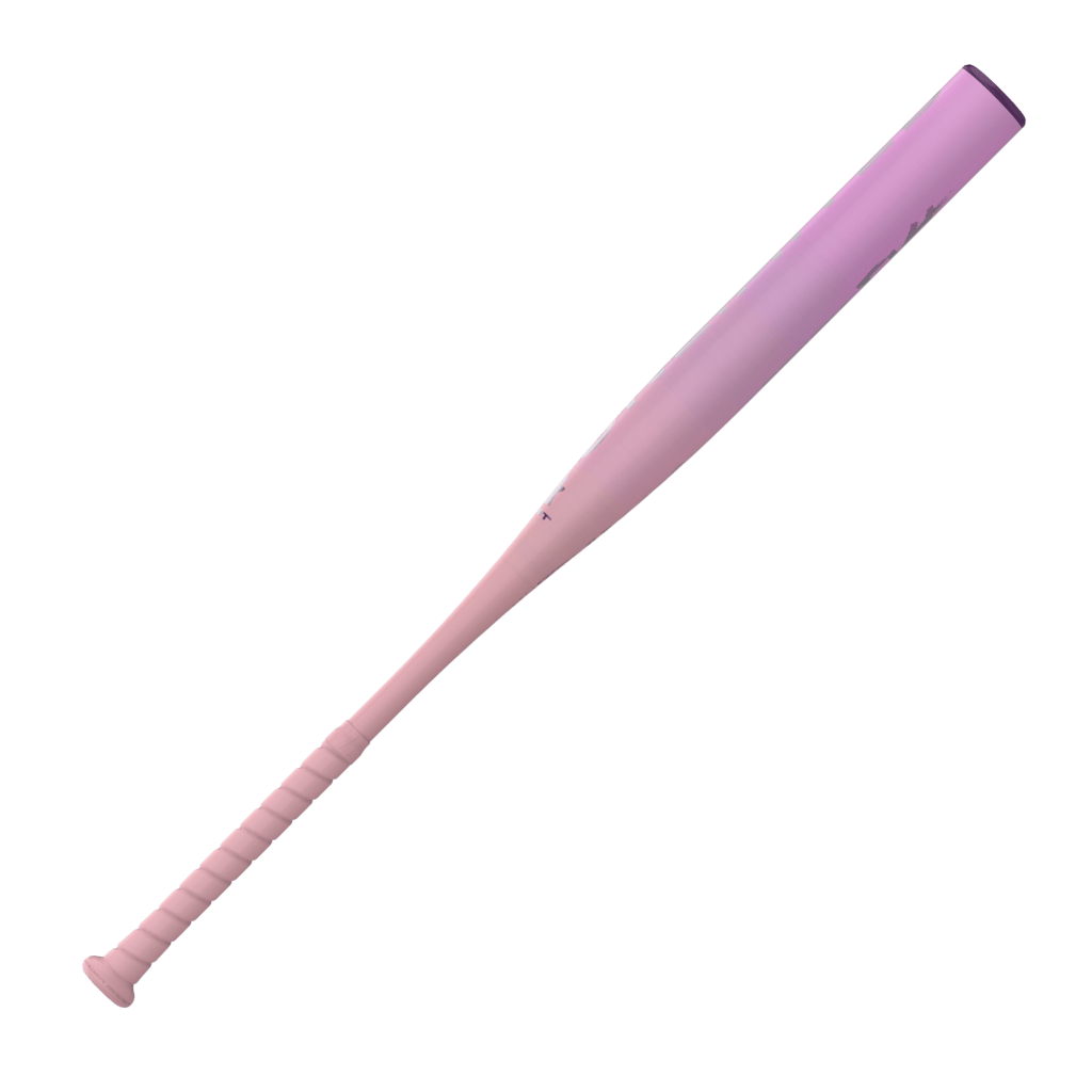 Purple fastpitch softball bat angled view with ribbed grip and branding