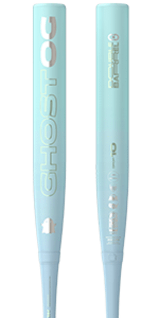 Light blue fastpitch softball bat close-up with U and Ghost OG graphics