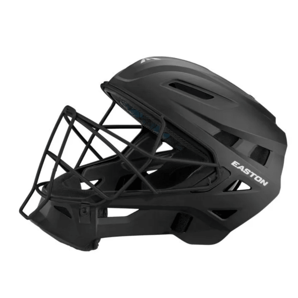Baseball catcher helmet, black with Easton logo and protective cage