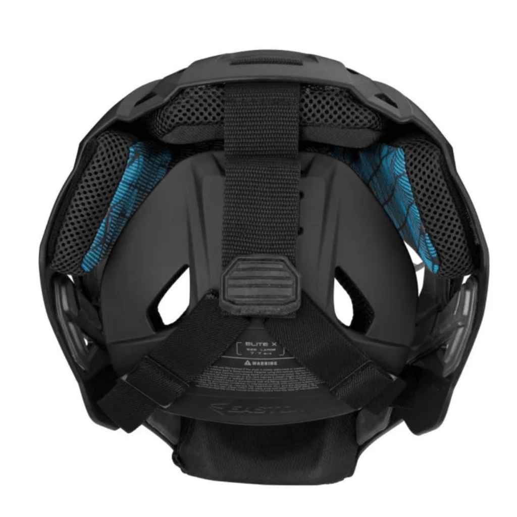 Baseball catcher helmet interior with black padding and blue side accents