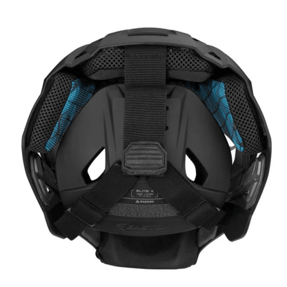 Baseball catcher helmet interior with black padding and blue side accents