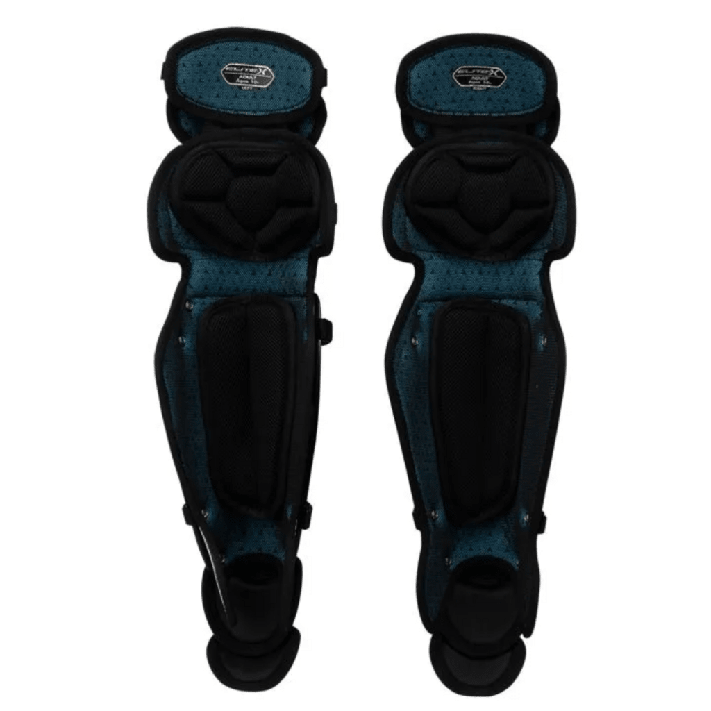 Baseball shin guards, black with teal-blue backs and padded knee coverage