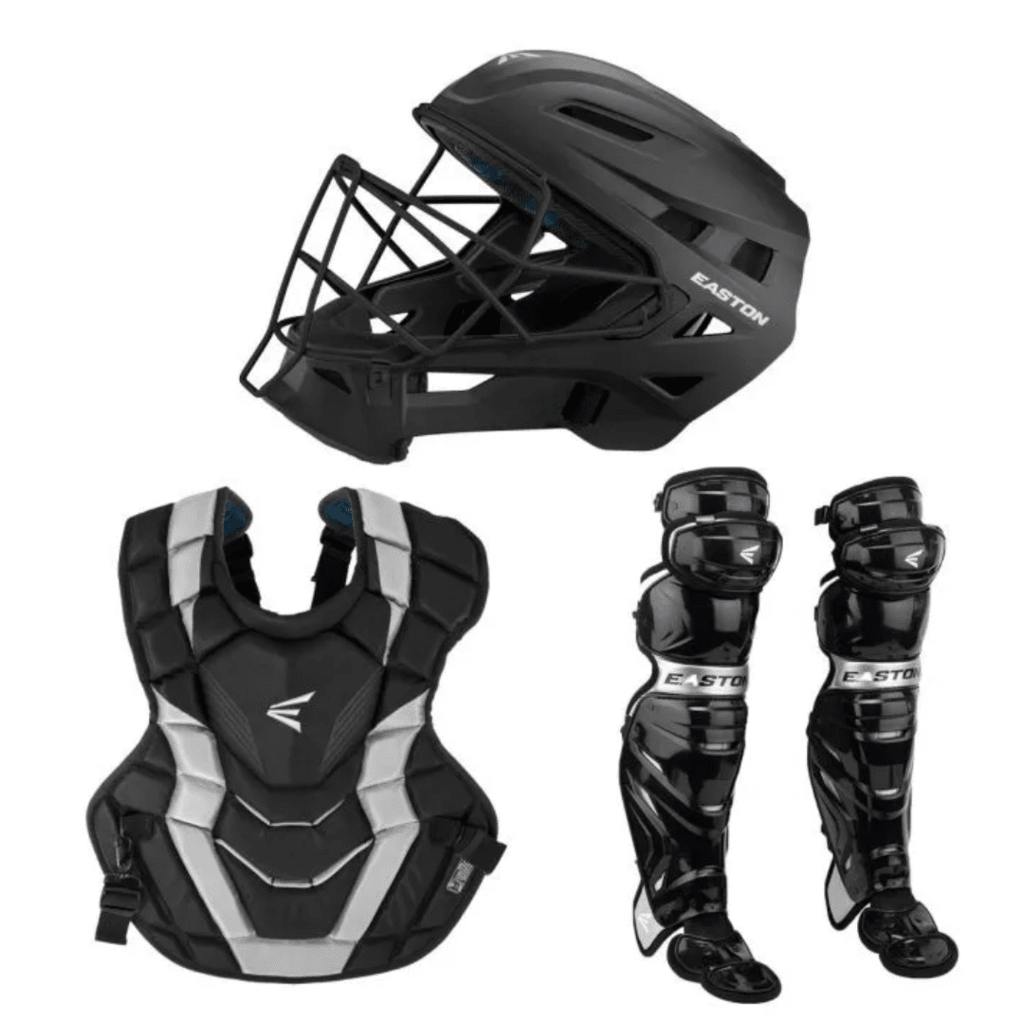 Baseball catcher set with black helmet, chest protector and shin guards, white/blue accents