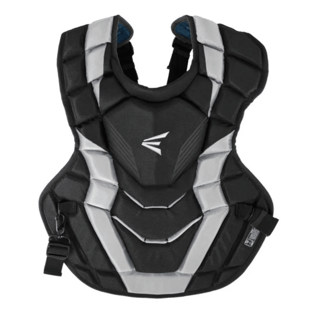 Baseball chest protector, black with white panels and blue trim, padded shoulder guards