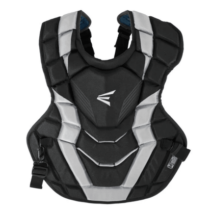 Baseball chest protector, black with white panels and blue trim, padded shoulder guards