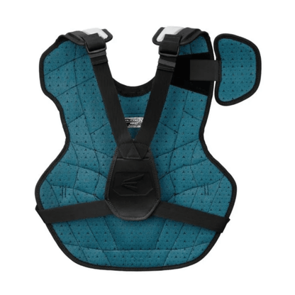 Baseball chest protector with teal-blue fabric, black straps, and padded front panel