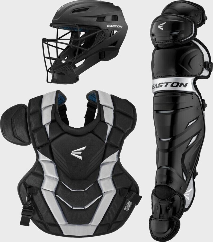 Baseball catcher gear set with black helmet, chest protector and shin guards, blue accents