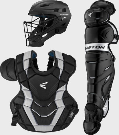 Baseball catcher gear set with black helmet, chest protector and shin guards, blue accents