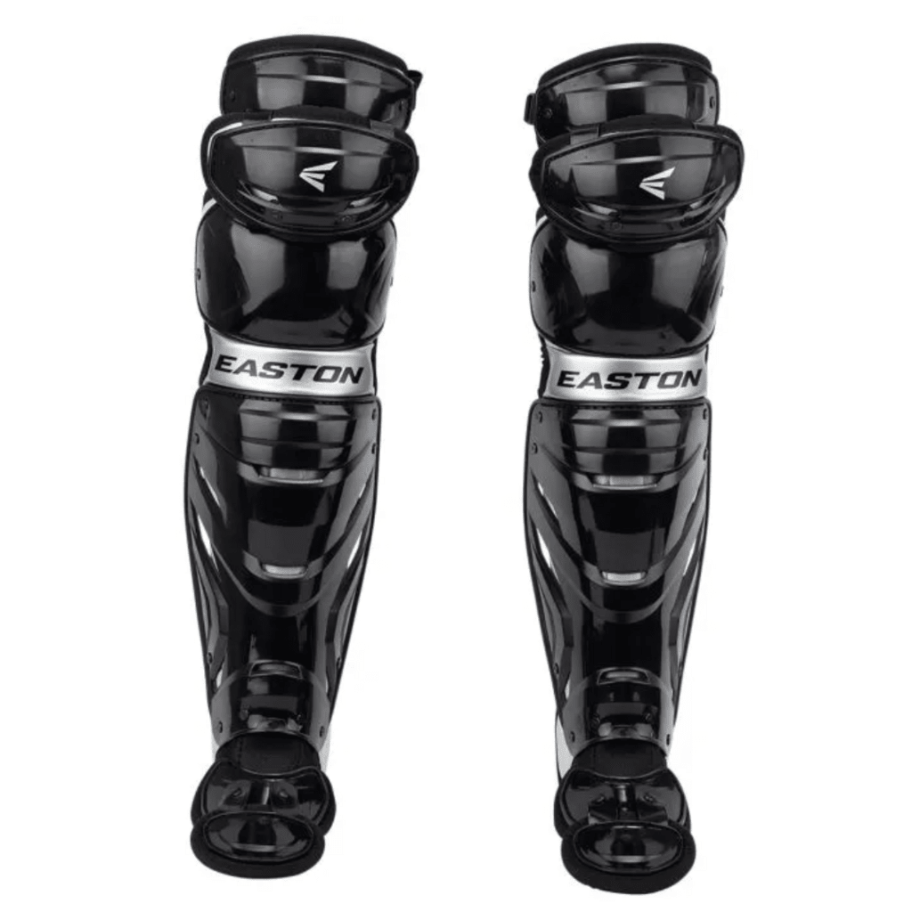 Baseball shin guards, glossy black with Easton branding and layered protective plates