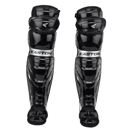 Baseball shin guards, glossy black with Easton branding and layered protective plates