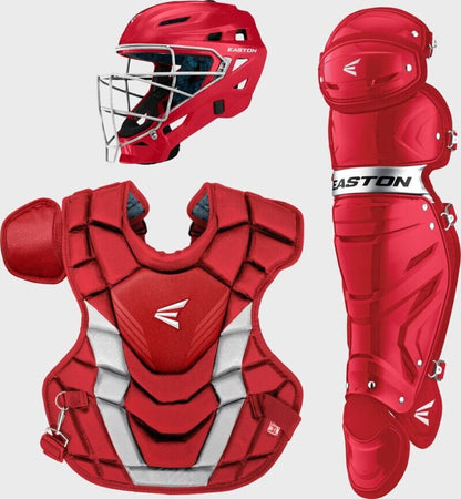 Red baseball catcher gear set with helmet, chest protector, and shin guards