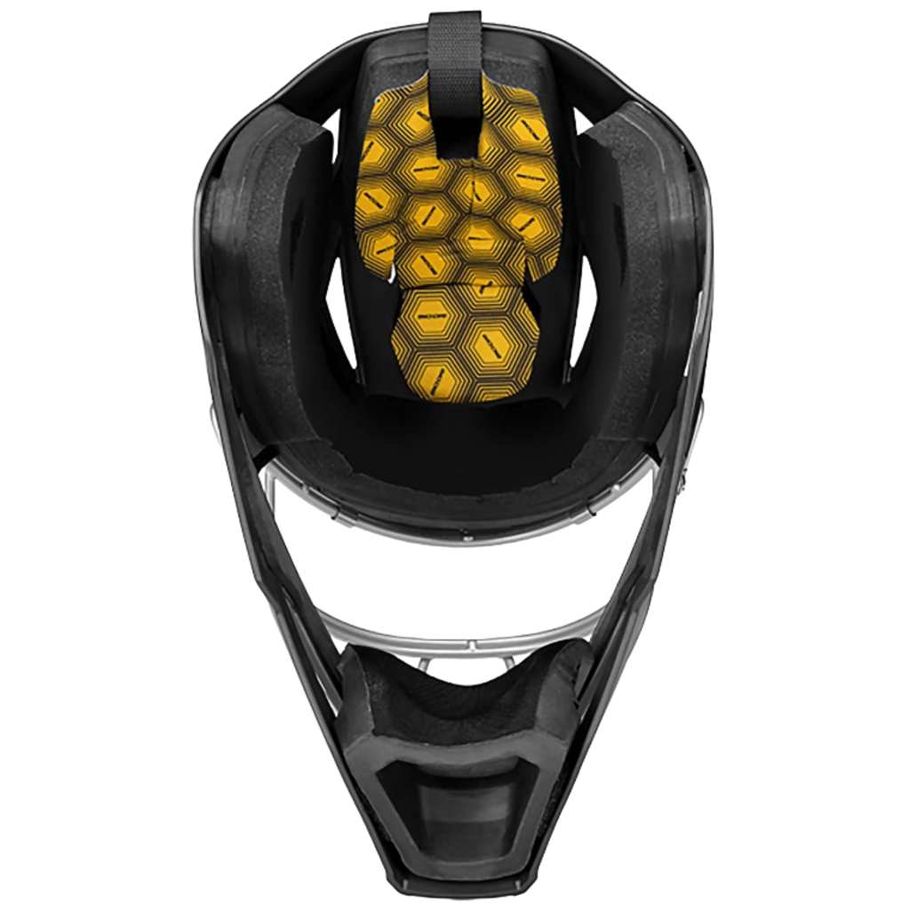 Black catcher helmet interior padding with yellow hex pattern