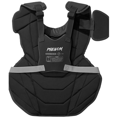 Black Phenom chest protector with strap system and printed label