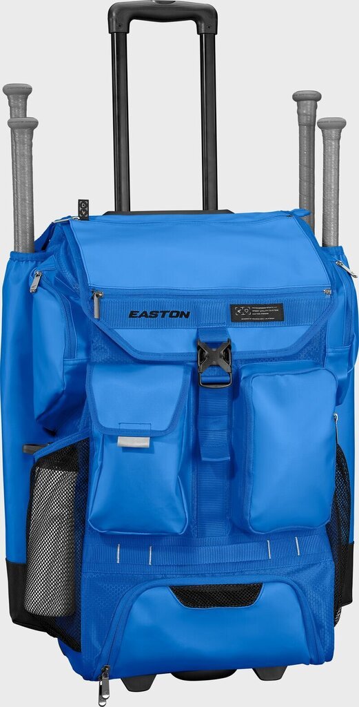 Easton wheeled bat bag in Columbia blue with front pockets and side mesh storage
