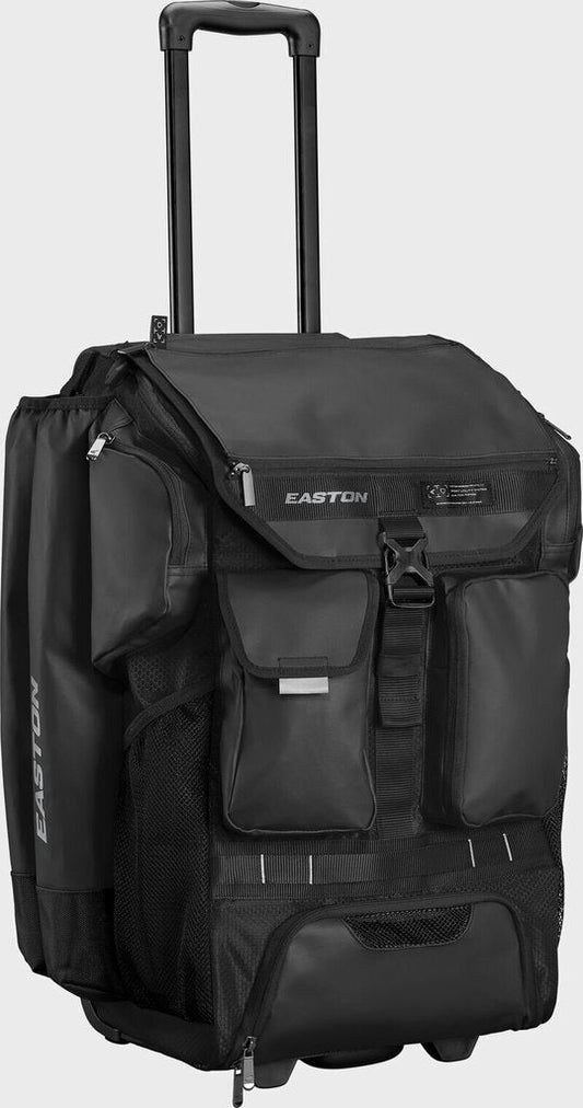 Black wheeled bat tool bag with telescoping handle and side mesh pocket