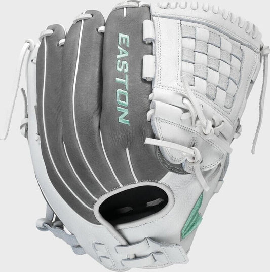 Grey and white fastpitch softball glove with basket web and lace-up wrist strap