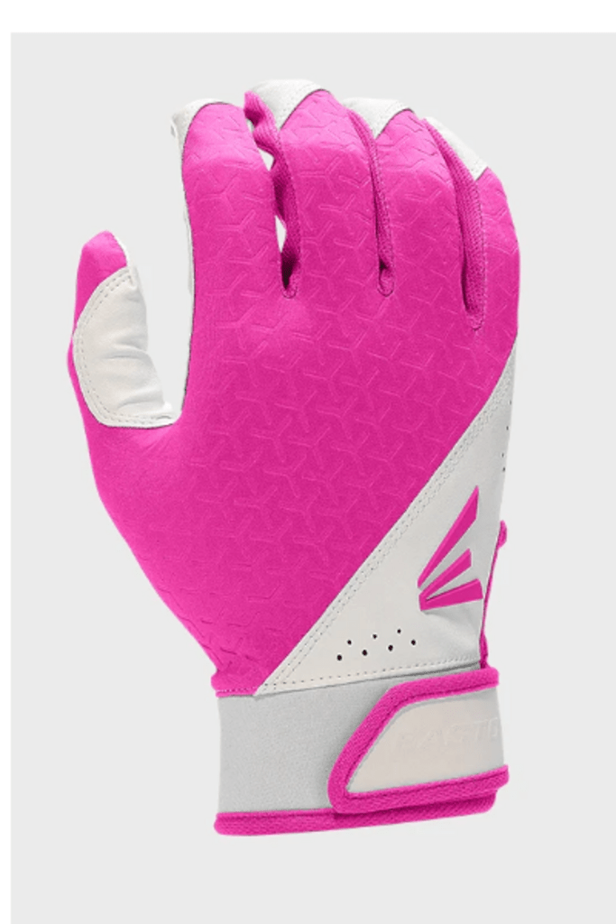 Pink baseball batting gloves with white wrist trim and Easton logo