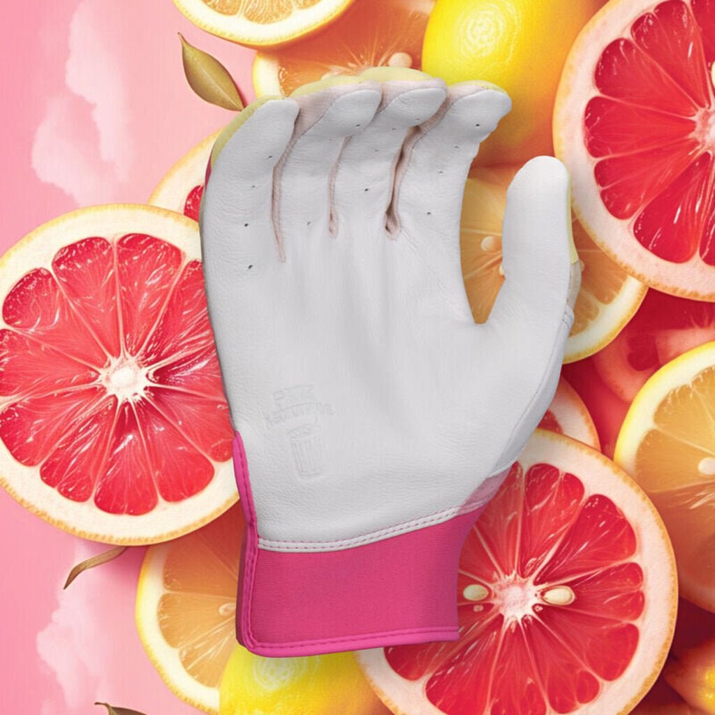 Fastpitch batting glove with light gray palm and pink cuff