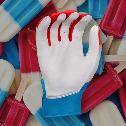 Softball batting glove, white palm and red finger pads with blue cuff