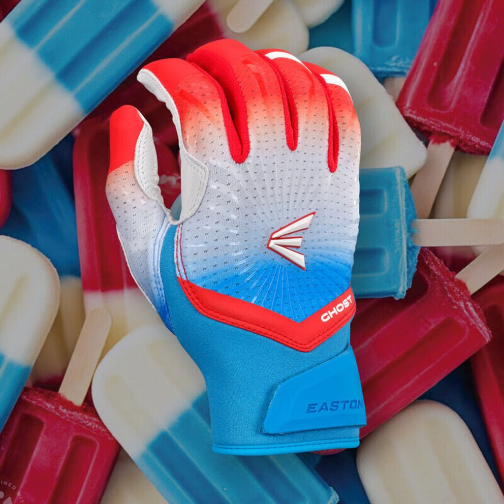 Softball batting glove, white perforated palm with red finger tips and blue back