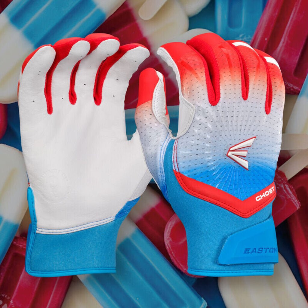 Softball batting glove, white palm with red fingers and blue wrist band